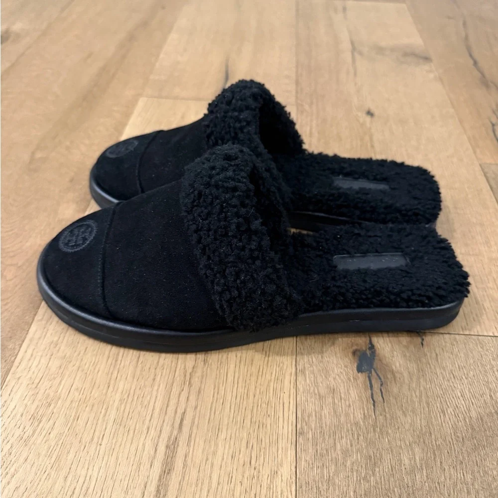 Tory Burch Suede and Shearling Slipper Slides Size 8 Black Flats Slip ons